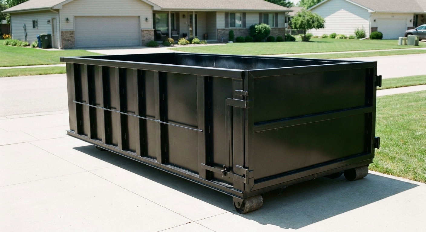 Matte-black 10-yard roll-off dumpster on a residential concrete driveway in Kenner, uniformly painted matte black across every panel and rail, ribbed steel sidewalls and rear swing door visible, mid-day daylight.