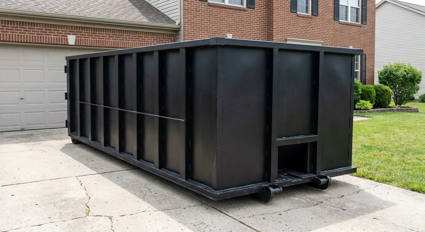 Matte-black 20-yard roll-off container on a Kenner residential concrete driveway with reinforced ribbed steel sidewalls and a hinged rear walk-in door, clean bright daylight.