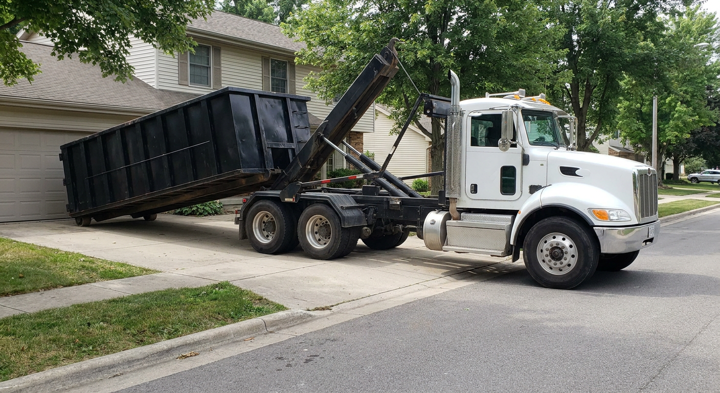 White-cab hooklift roll-off truck actively lowering a matte-black dumpster onto a Kenner residential concrete driveway, the dumpster's rear wheels touching the driveway as the hoist arm tilts the bed forward, mid-morning daylight.