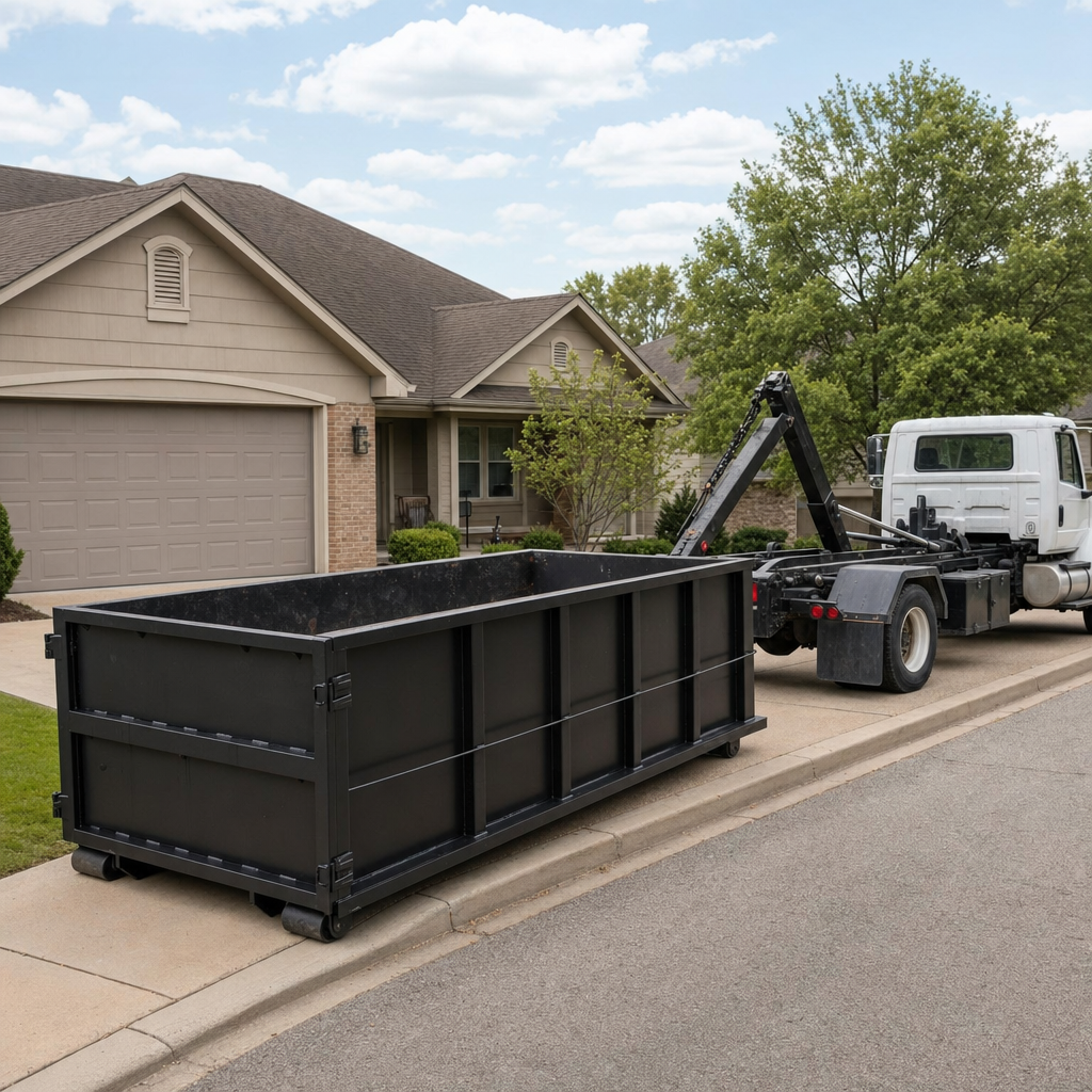 Wide documentary shot of a matte-black roll-off dumpster on a Kenner residential driveway in the foreground and a contractor jobsite container in the soft-focus background, bright daylight, calm and orderly composition.