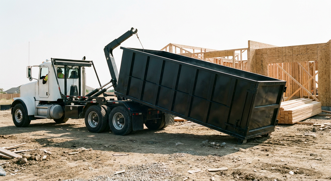 Matte-black roll-off dumpster being delivered onto a clean residential concrete driveway in Kenner by an unmarked white hooklift hauler truck, bright morning daylight, documentary 35mm perspective.